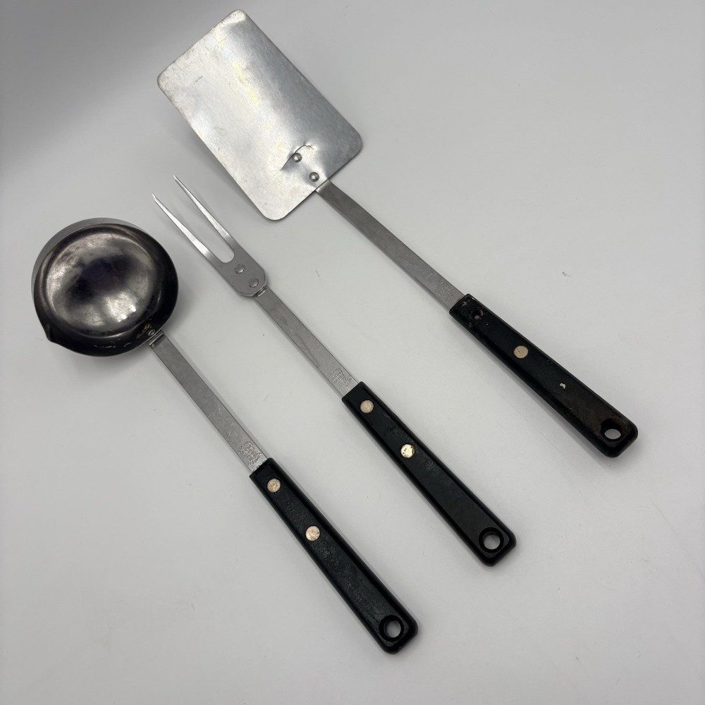 EKCO Forge Kitchen Utensil Set 3 Pc Spatula Ladle Meat Fork Stainless USA VTG